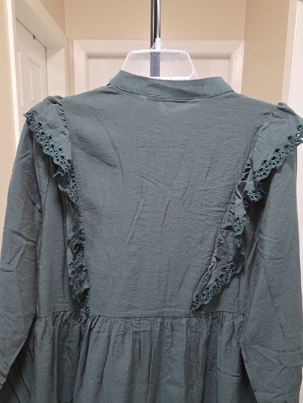 NWT b.young Dark Green Ruffle Button Front Dress | Victorian Boho Prairie - Picture 11 of 12